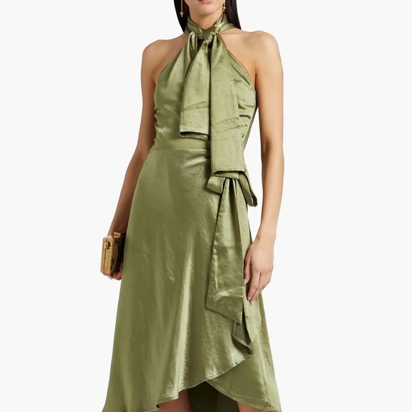 ANDREA IYAMAH Olen tie-neck crinkled-satin wrap midi dress in green size S NEW - Picture 3 of 5